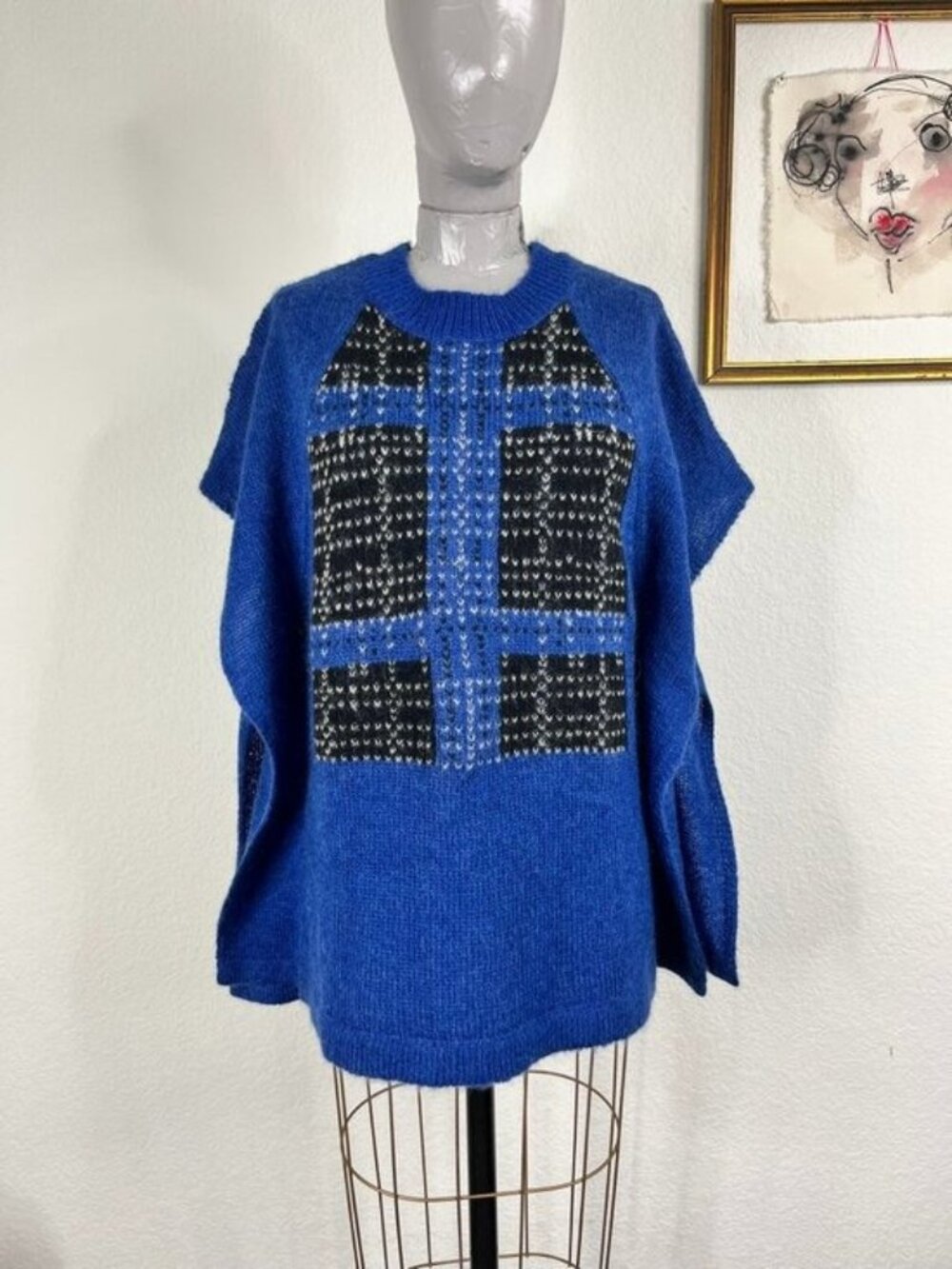 Thakoon Addition Batwing Mohair Cashmere Angora Wool Blend Plaid Gridded Sweater